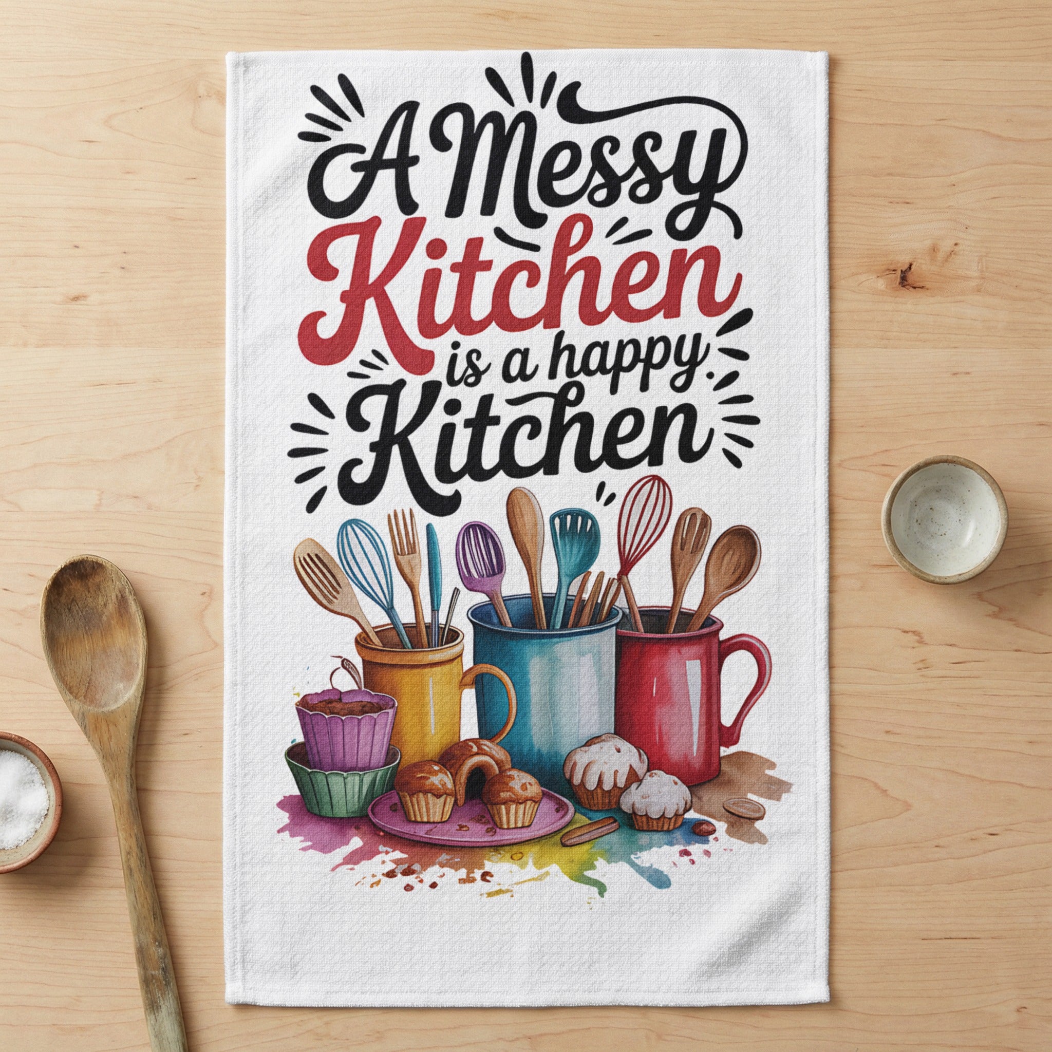 "A Messy Kitchen is a happy Kitchen" tea towel with utensils and colorful cupcakes.
