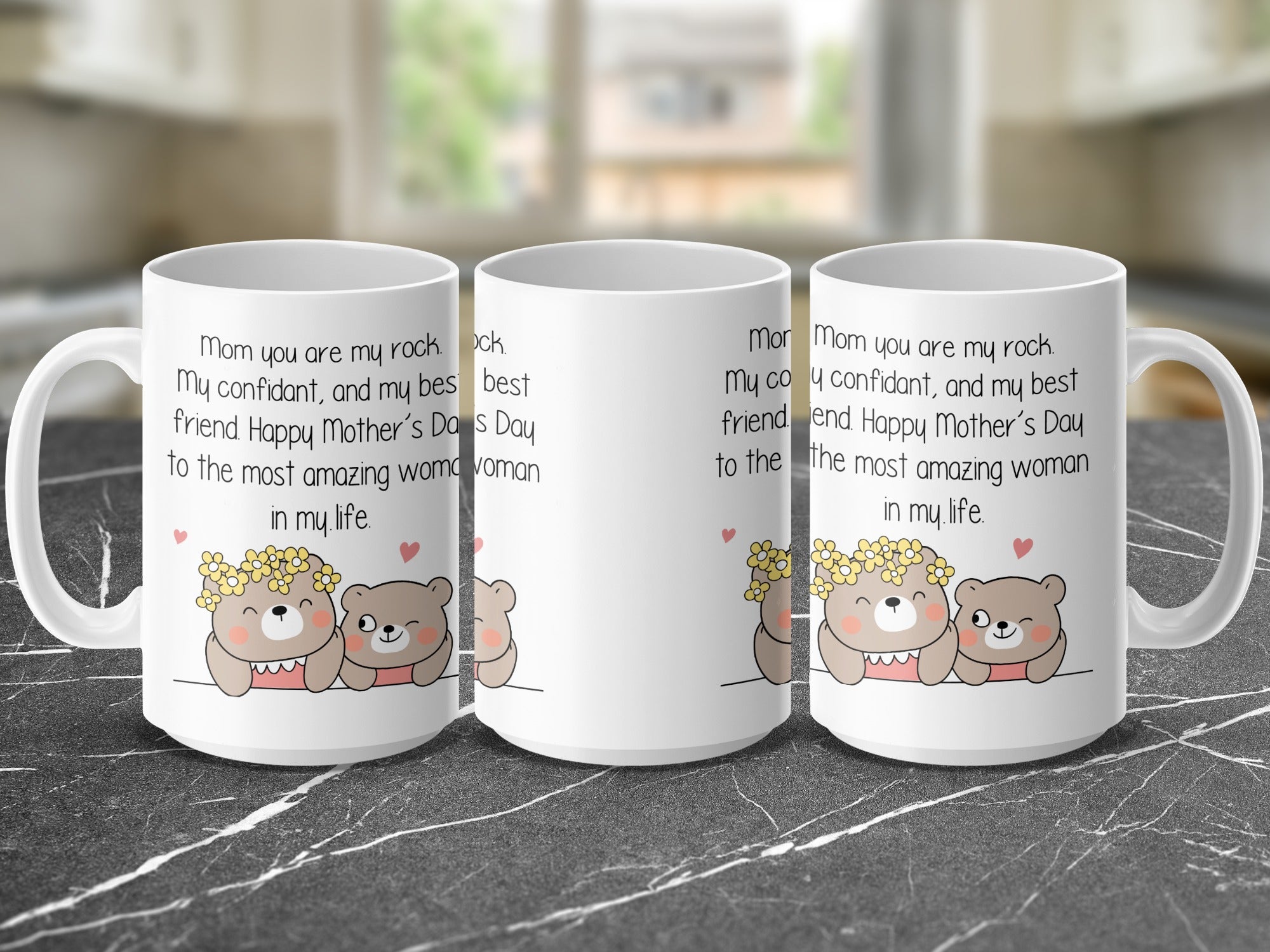 Three ceramic mugs with "Mom you are my rock" text and bear illustrations.