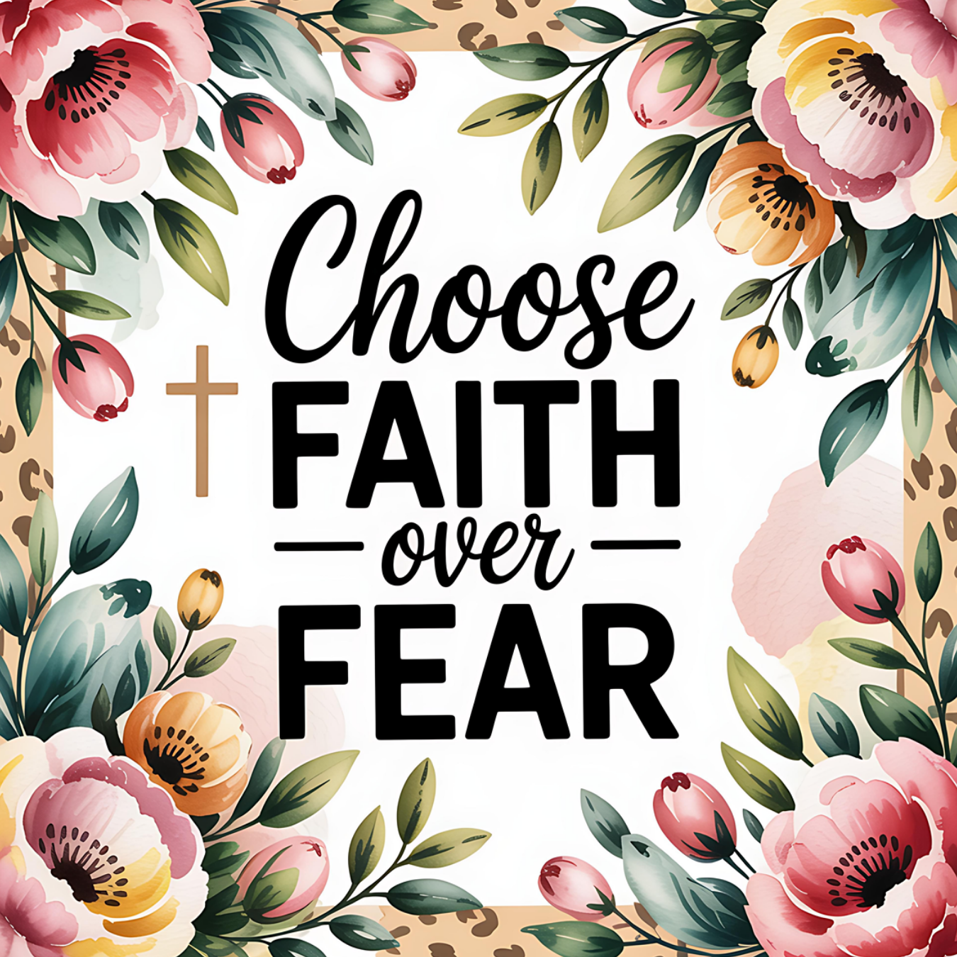 Choose Faith Over Fear text with floral border and leopard print accents.