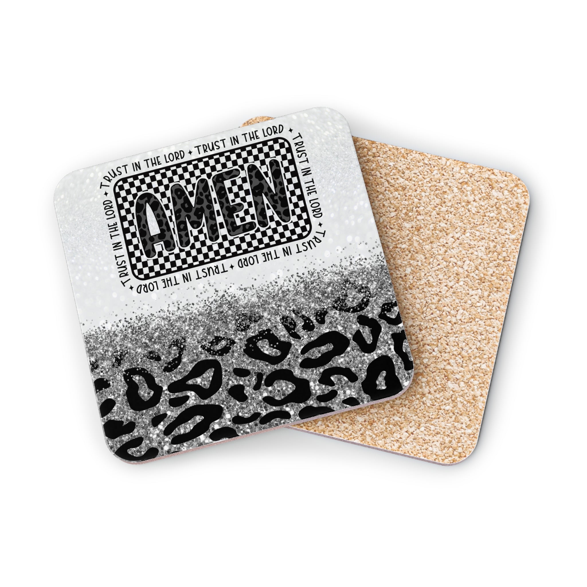Black and white "AMEN" text on a glitter and leopard print coaster.