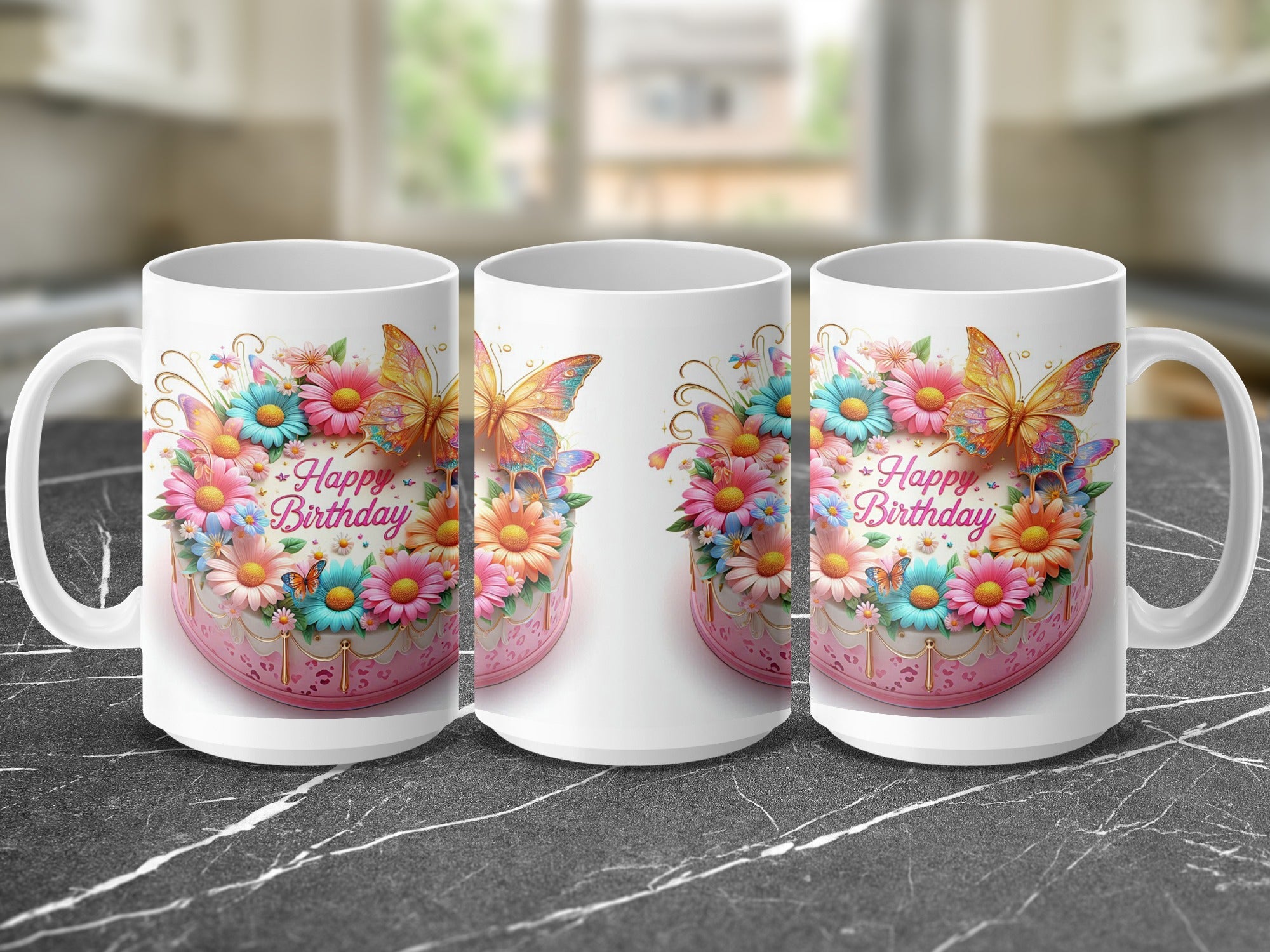 Mug with colorful flowers, butterflies, and "Happy Birthday" text.
