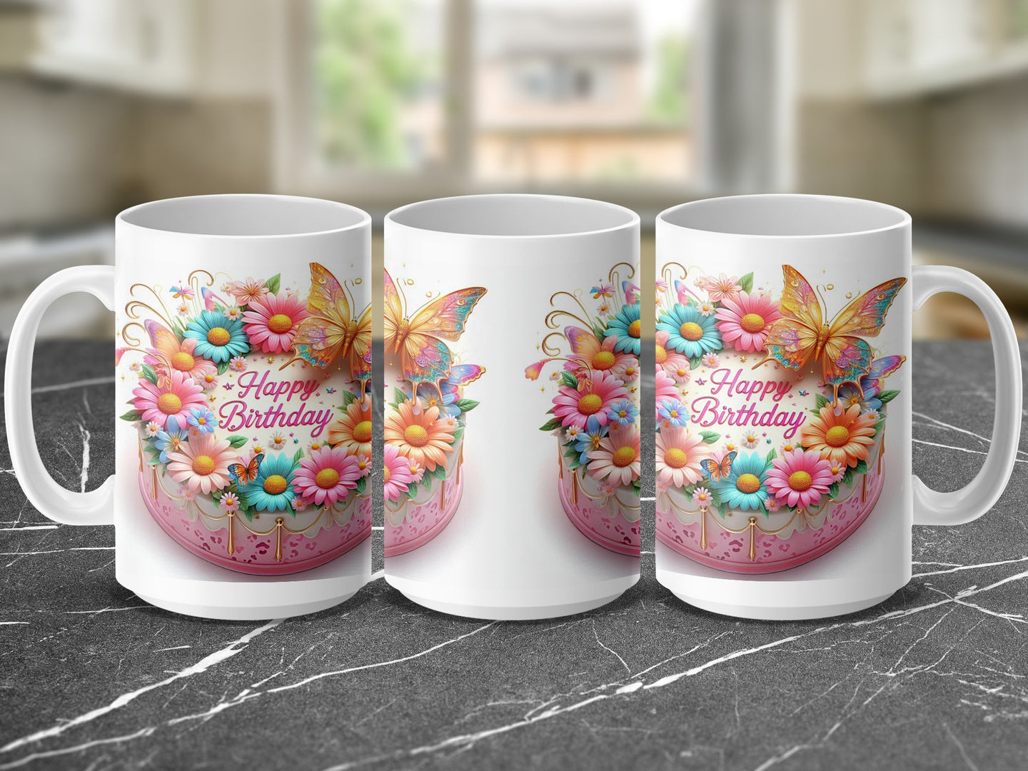 Mug with colorful flowers, butterflies, and "Happy Birthday" text.