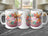 Mug with colorful flowers, butterflies, and "Happy Birthday" text.