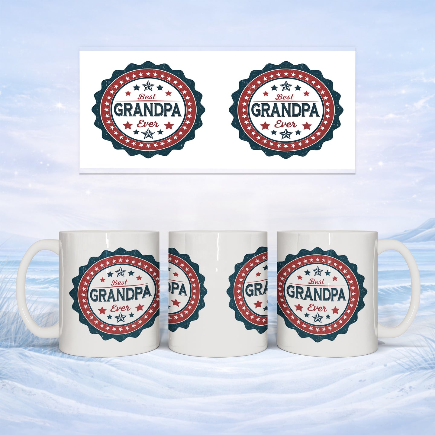 Mugs with "Best Grandpa Ever" circular emblem on a snowy background.