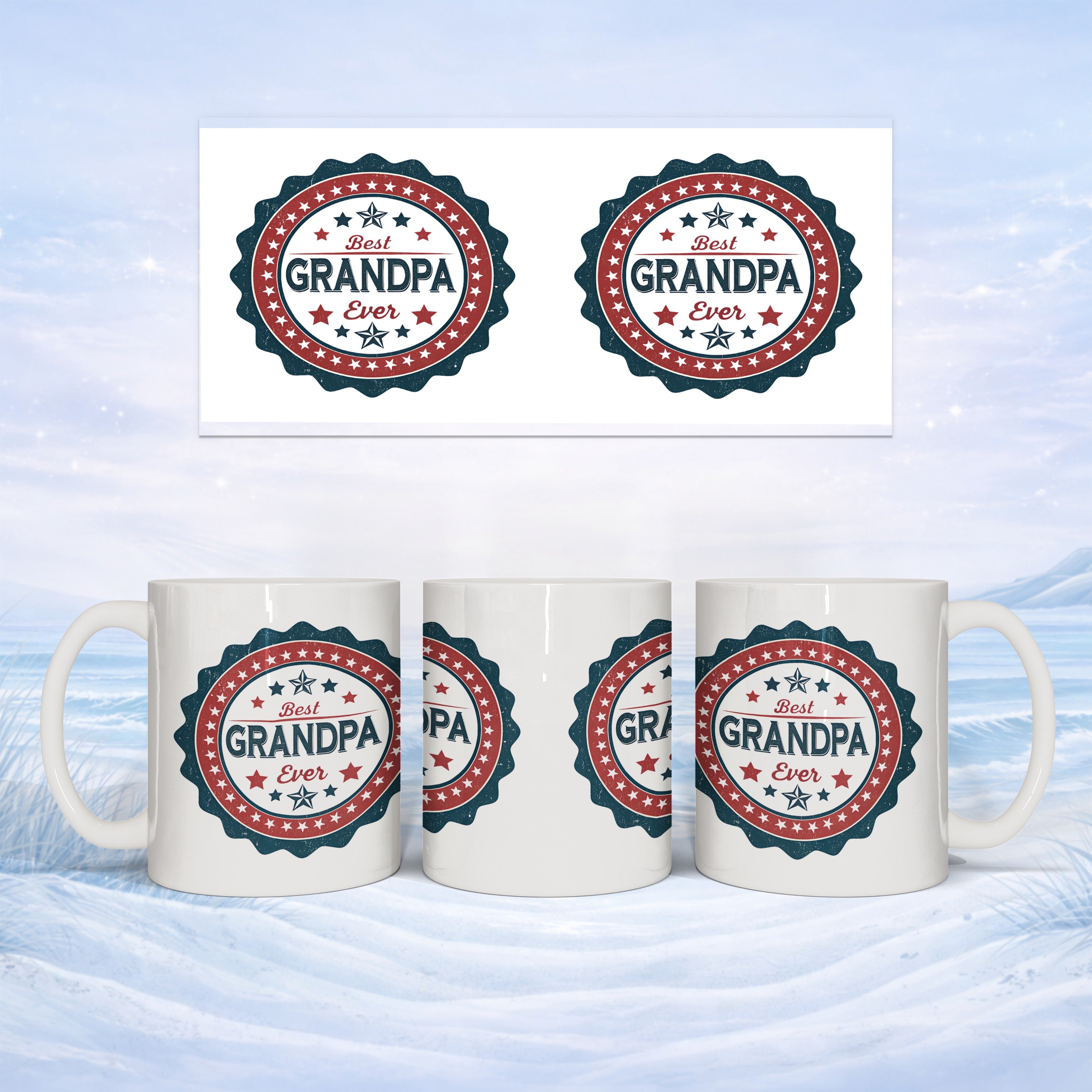 Mugs with "Best Grandpa Ever" circular emblem on a snowy background.