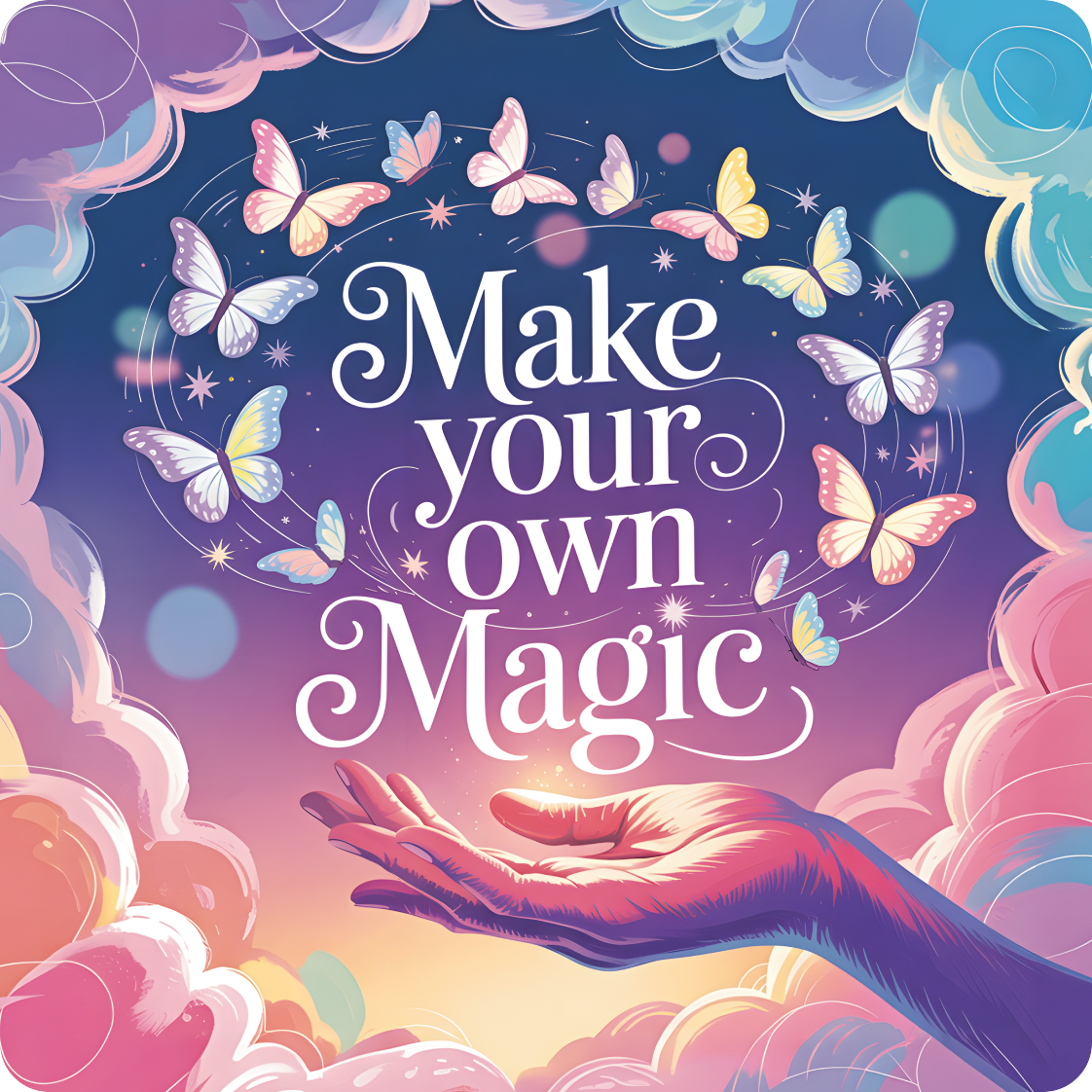 Hand reaching into a sky filled with butterflies and clouds, text "Make your own Magic".