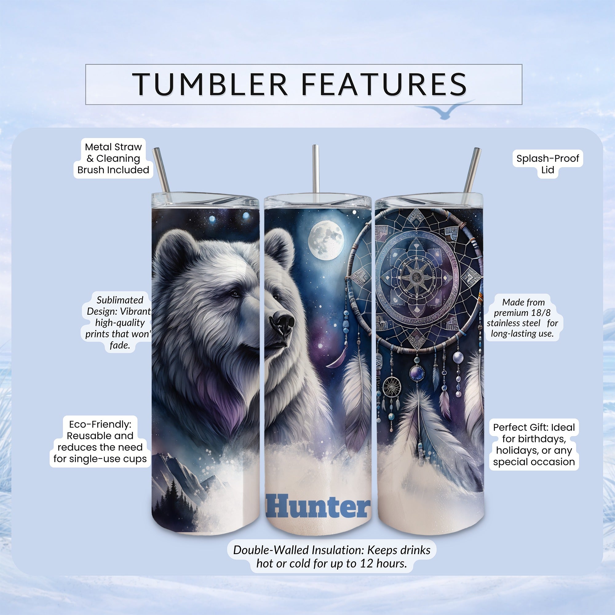 White bear and dreamcatcher tumbler with text "Hunter".