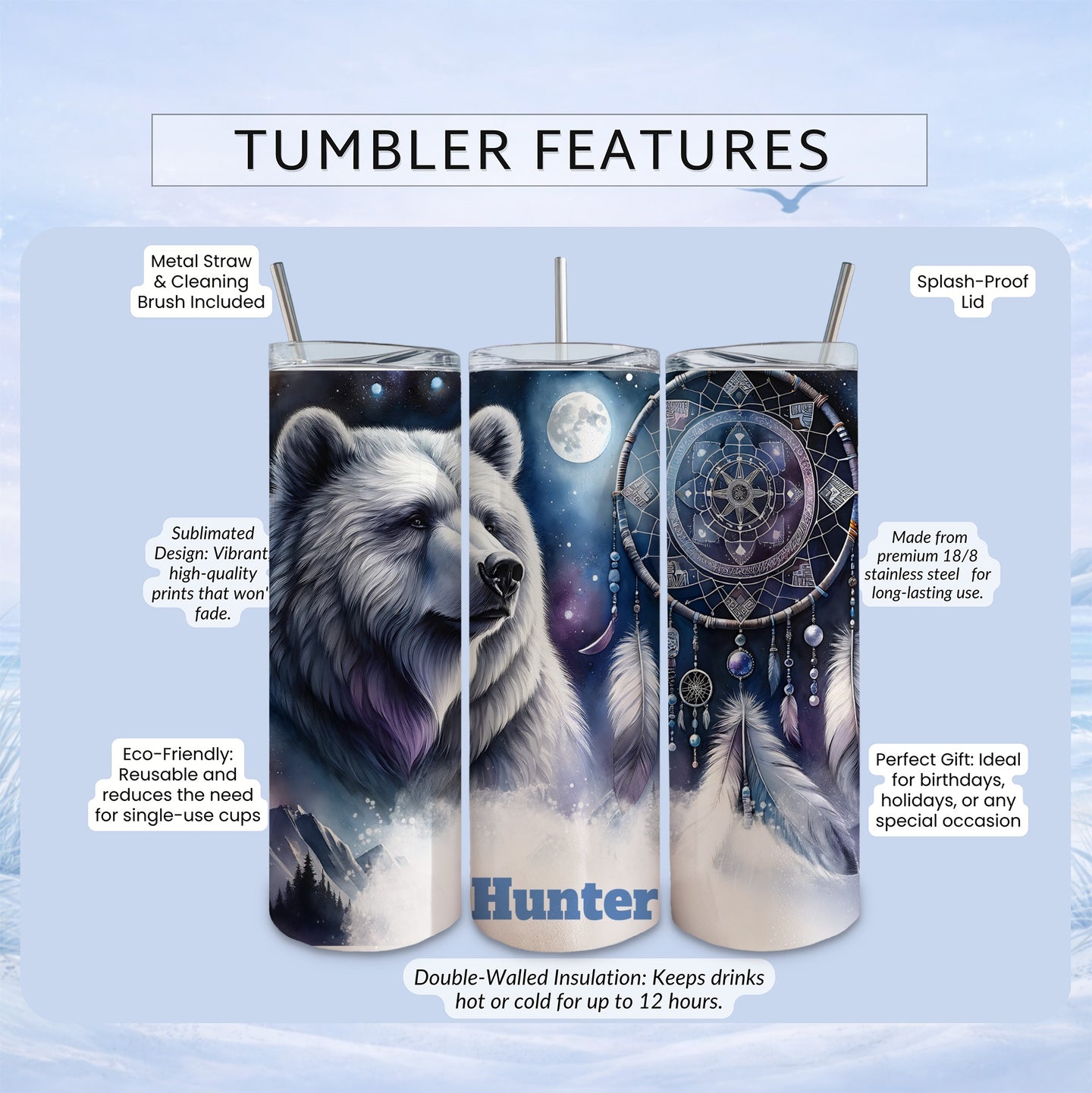 White bear and dreamcatcher tumbler with text "Hunter".