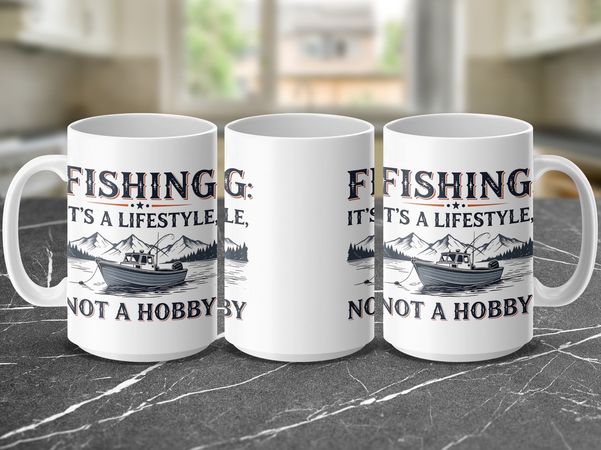 Mug with "FISHING: IT'S A LIFESTYLE, NOT A HOBBY" text and a boat scene.