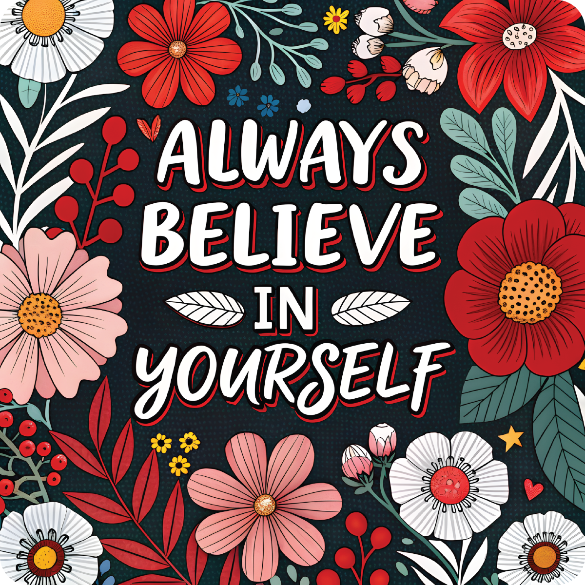 Always Believe in Yourself motivational text with floral accents.