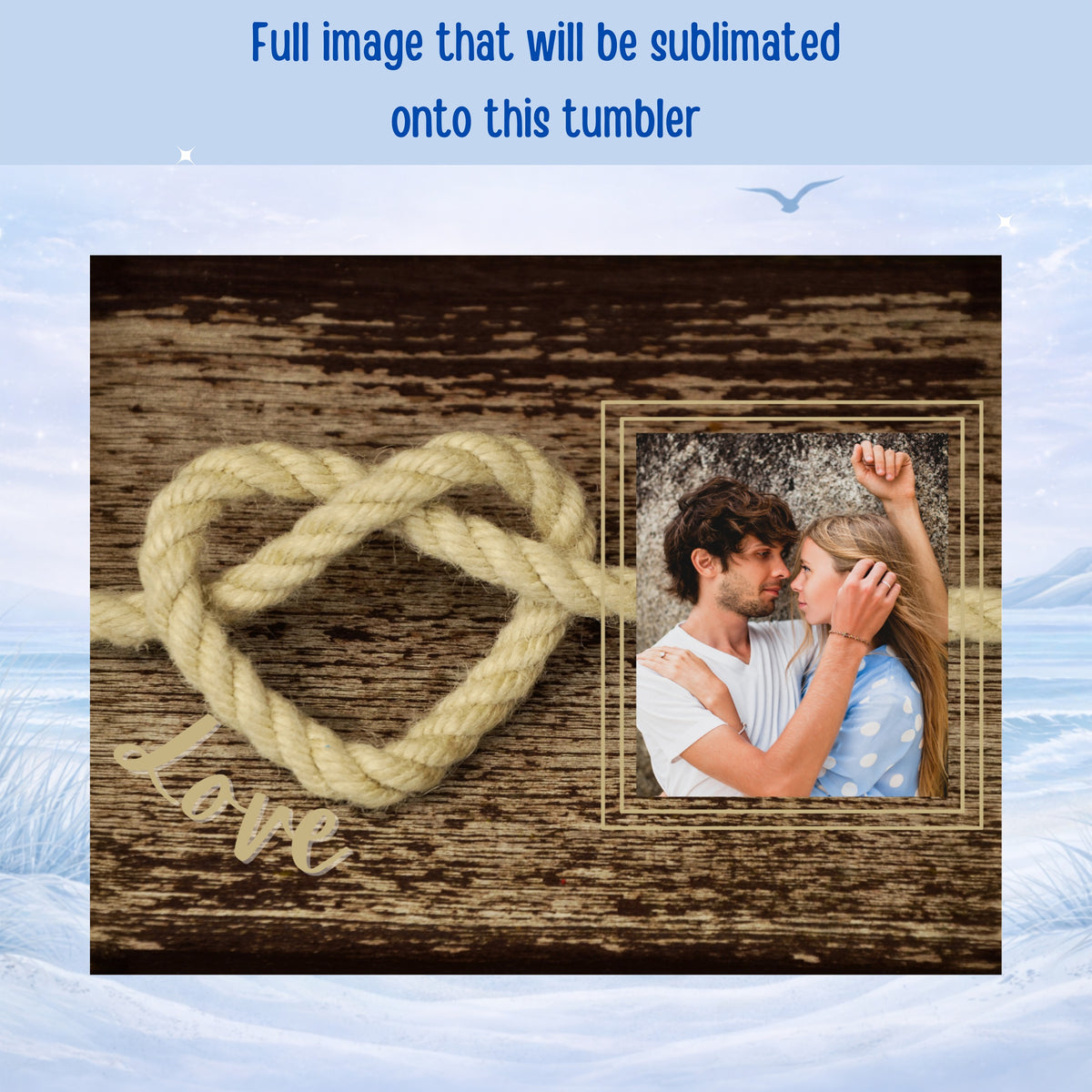 Heart-shaped rope and couple in photo frame on wood background.
