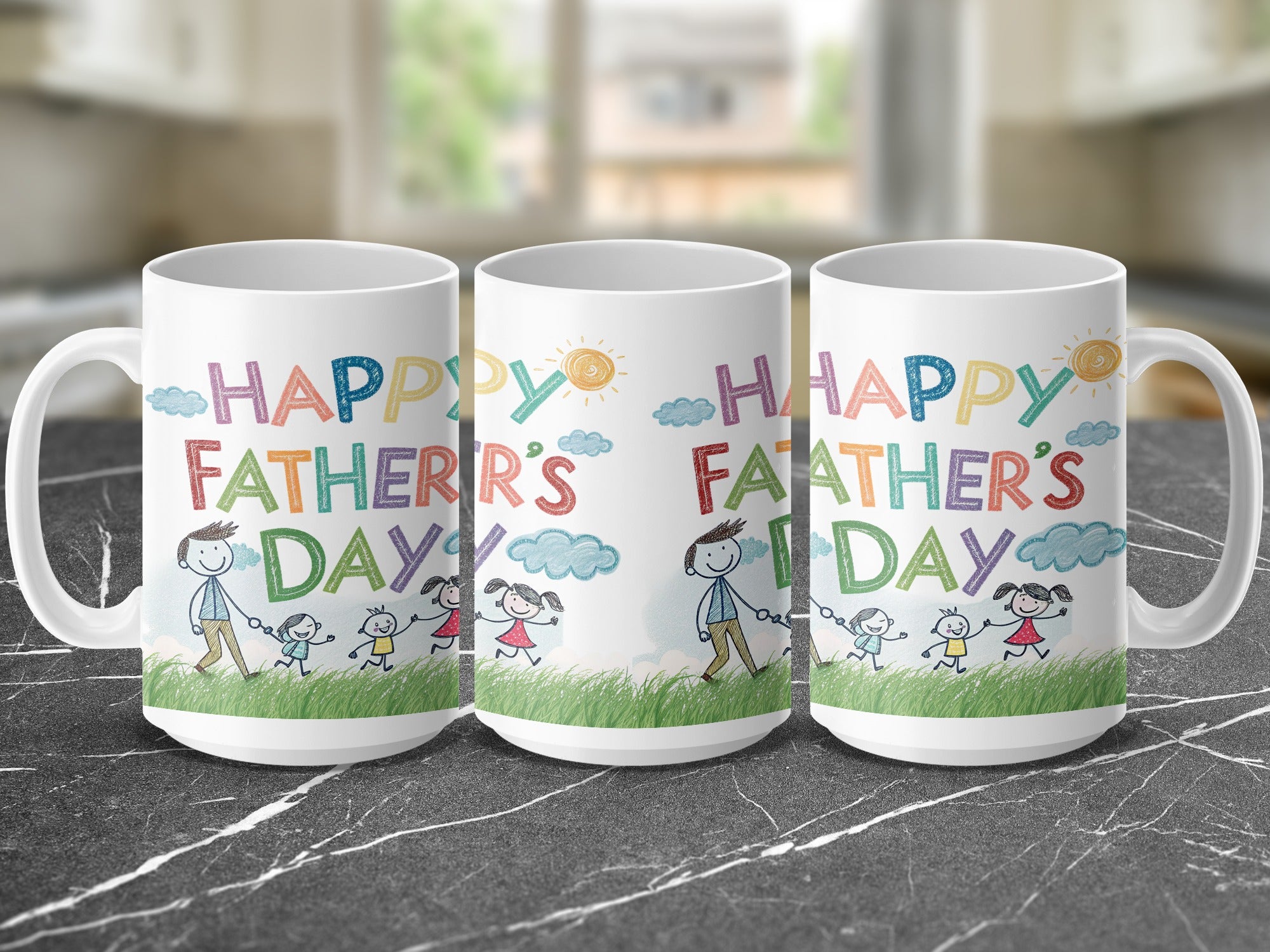 Three white mugs with "Happy Father's Day" text and cartoon drawings.