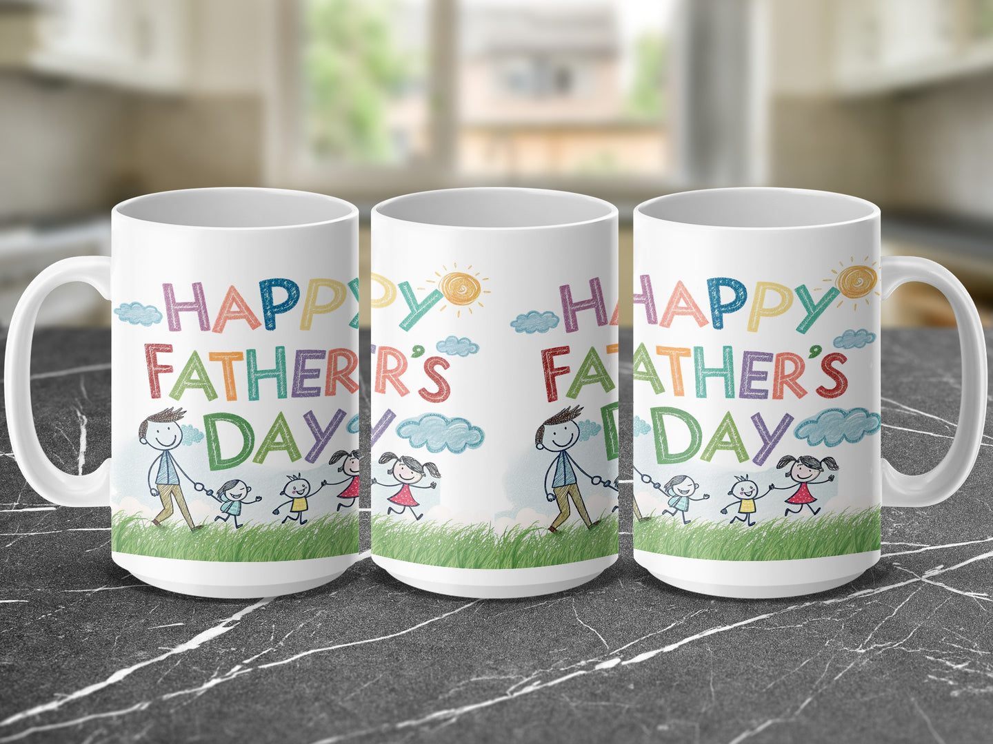 Three white mugs with "Happy Father's Day" text and cartoon drawings.