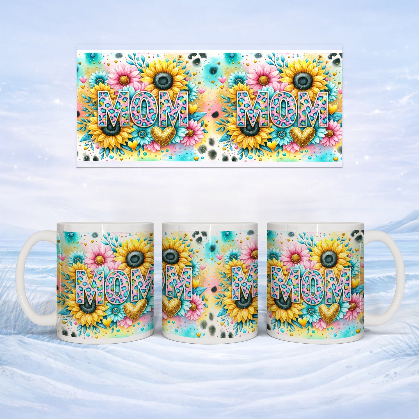 Mug with sunflowers and "MOM" in glitter letters.