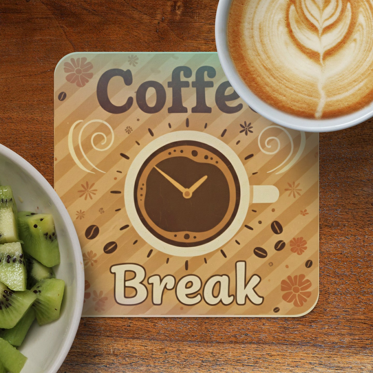 Coaster with "Coffee Break" text, clock, and latte art coffee cup.
