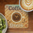Coaster with "Coffee Break" text, clock, and latte art coffee cup.