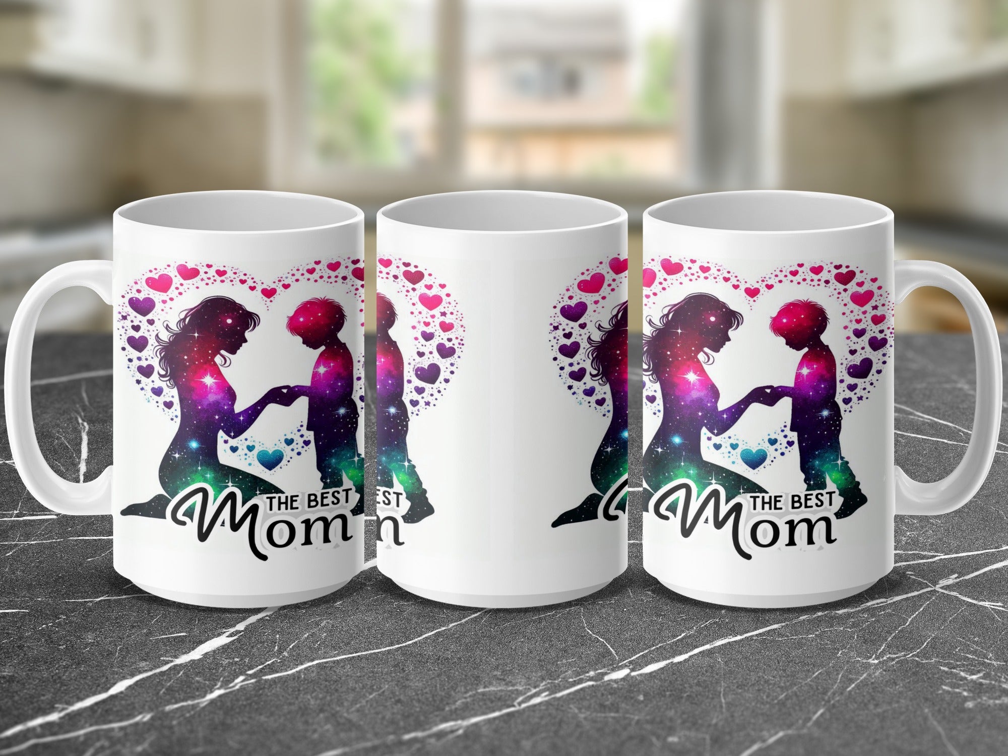 Mug with "The Best Mom" text and mother and child silhouette in a heart.