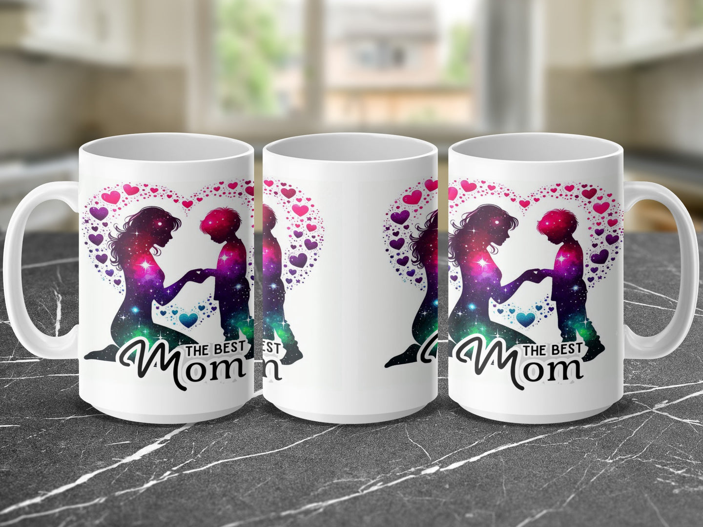 Mug with "The Best Mom" text and mother and child silhouette in a heart.