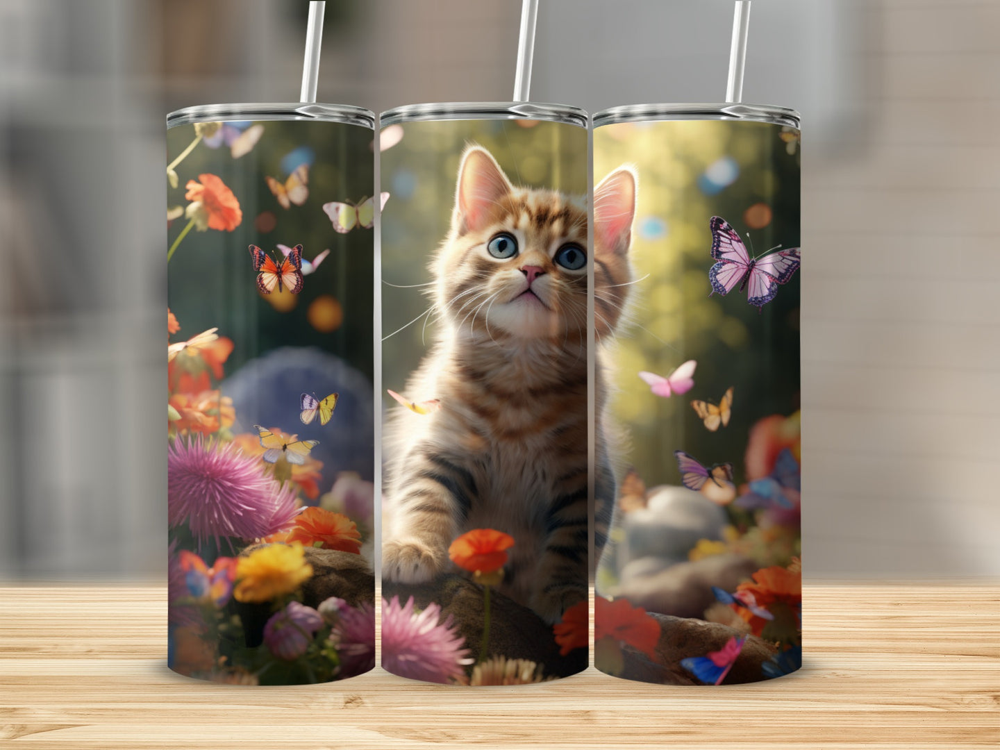 Tabby kitten among colorful flowers and butterflies on a tumbler.