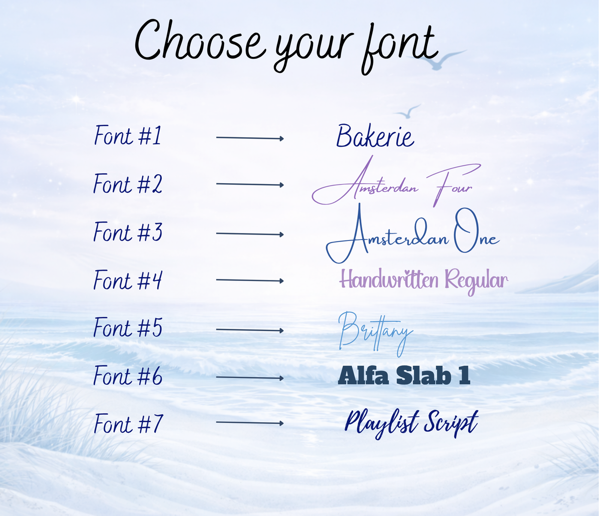 Font choices with examples: Bakerie, Amsterden Four, Amsterdam One, Handwritten Regular, Brittany, Alfa Slab 1, Playlist Script.