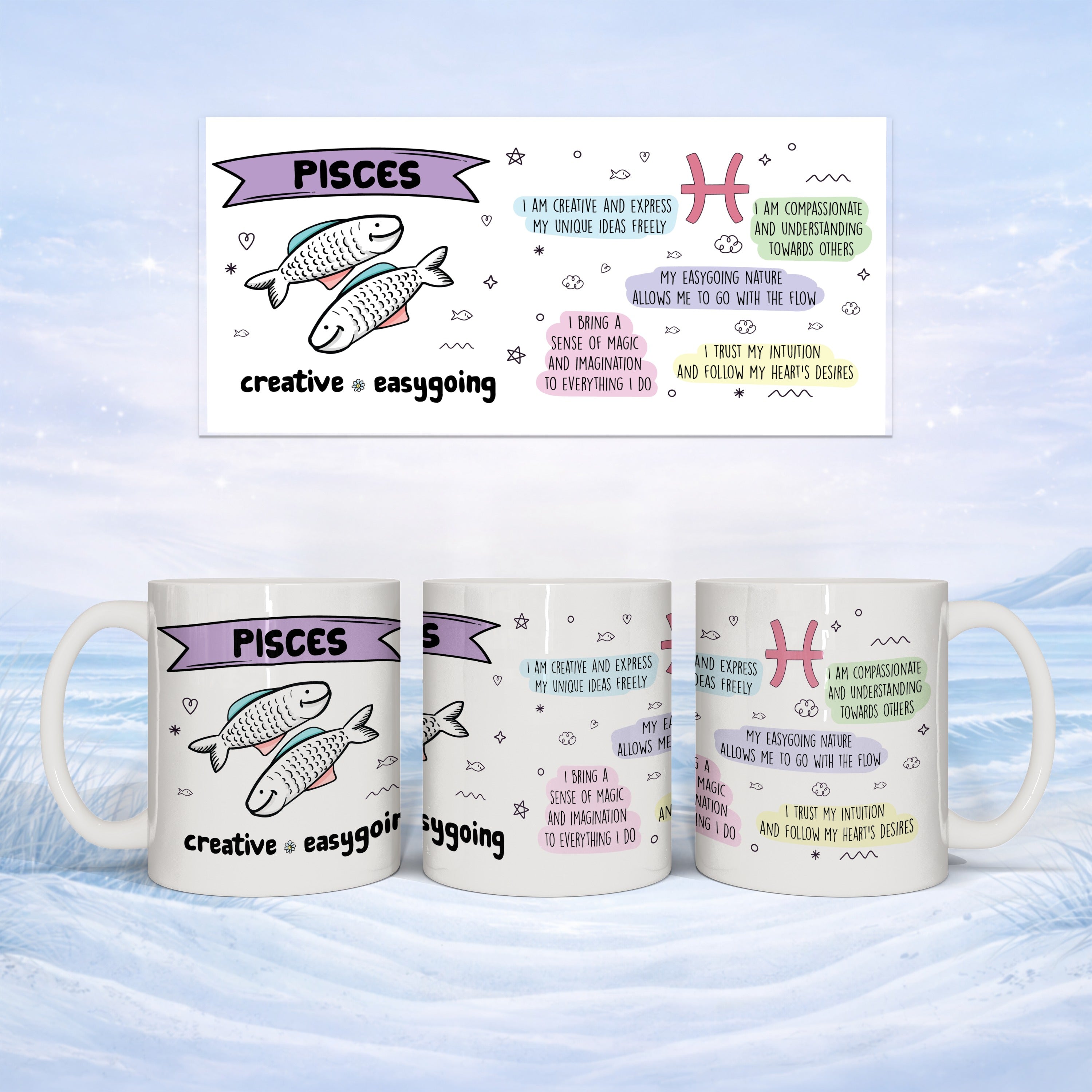 White mug with Pisces zodiac sign, fish, and horoscope descriptions.