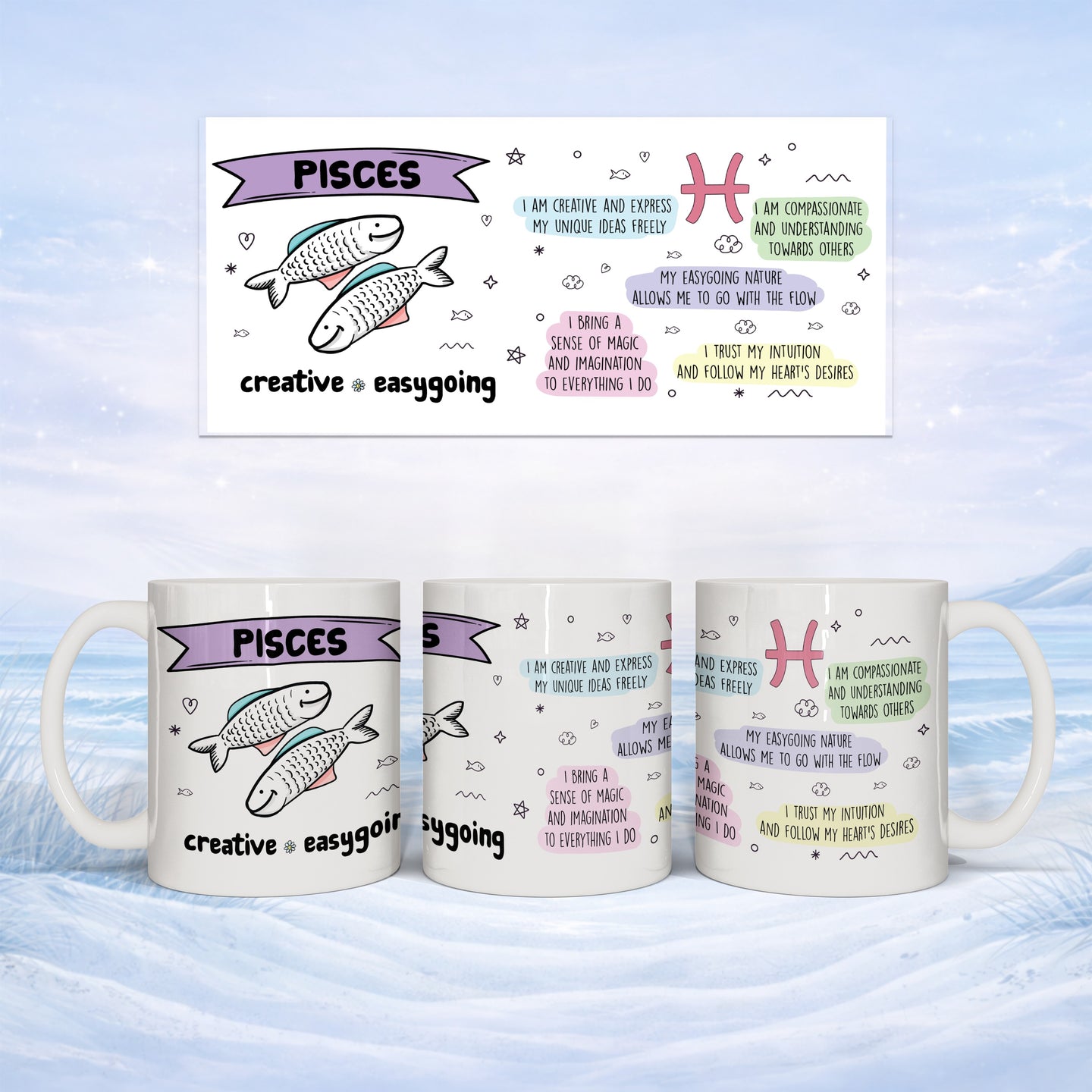 White mug with Pisces zodiac sign, fish, and horoscope descriptions.