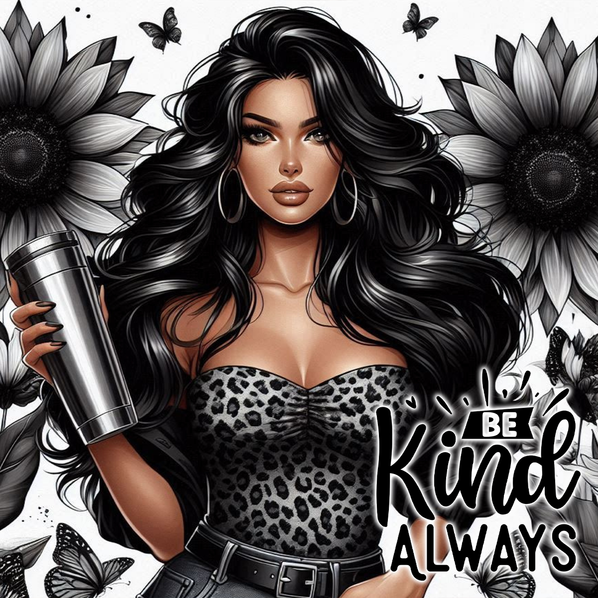 Woman in leopard print top holding a silver tumbler, with sunflowers and butterflies.