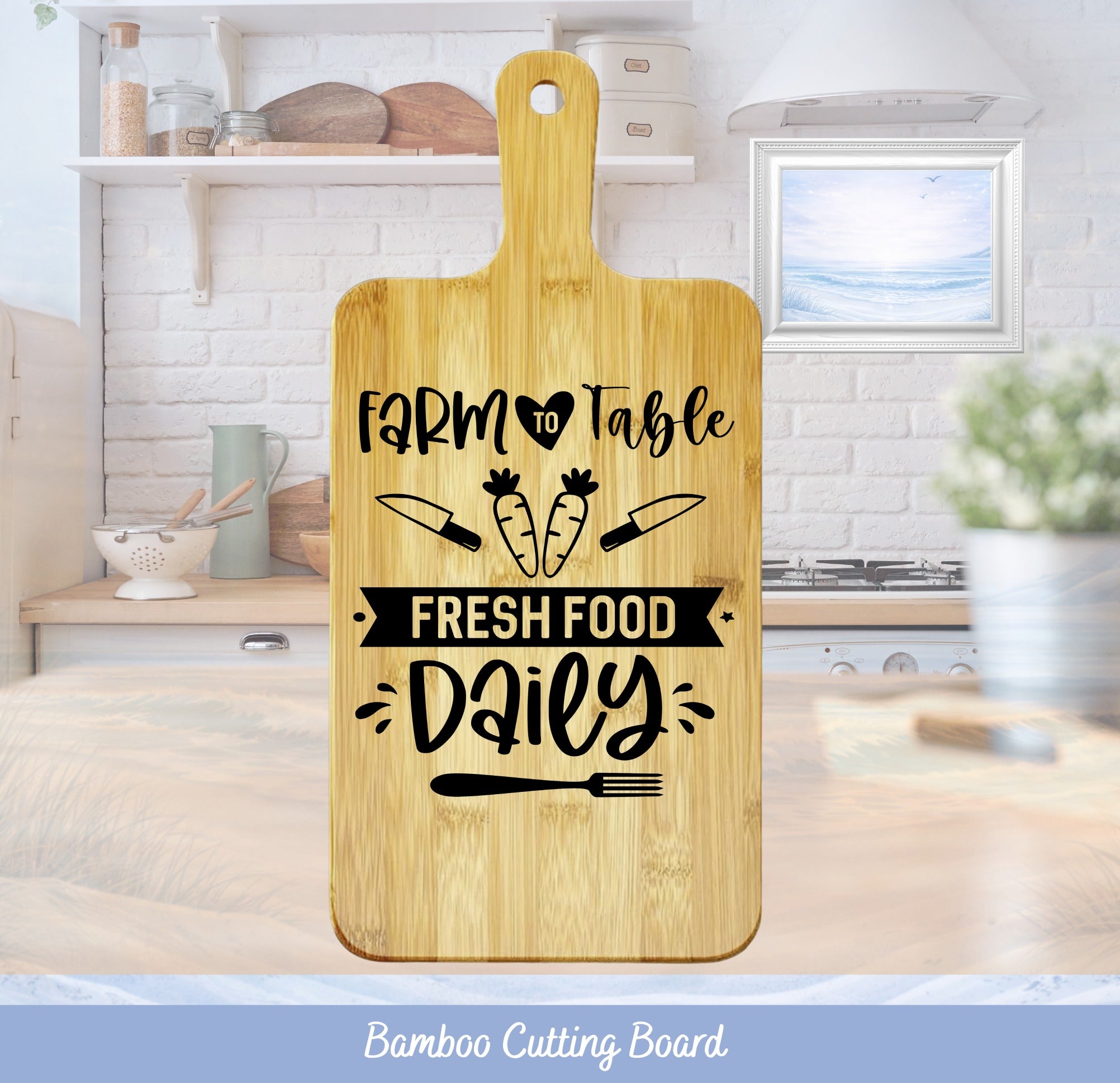 Bamboo cutting board with "Farm to Table Fresh Food Daily" text and carrot graphics.