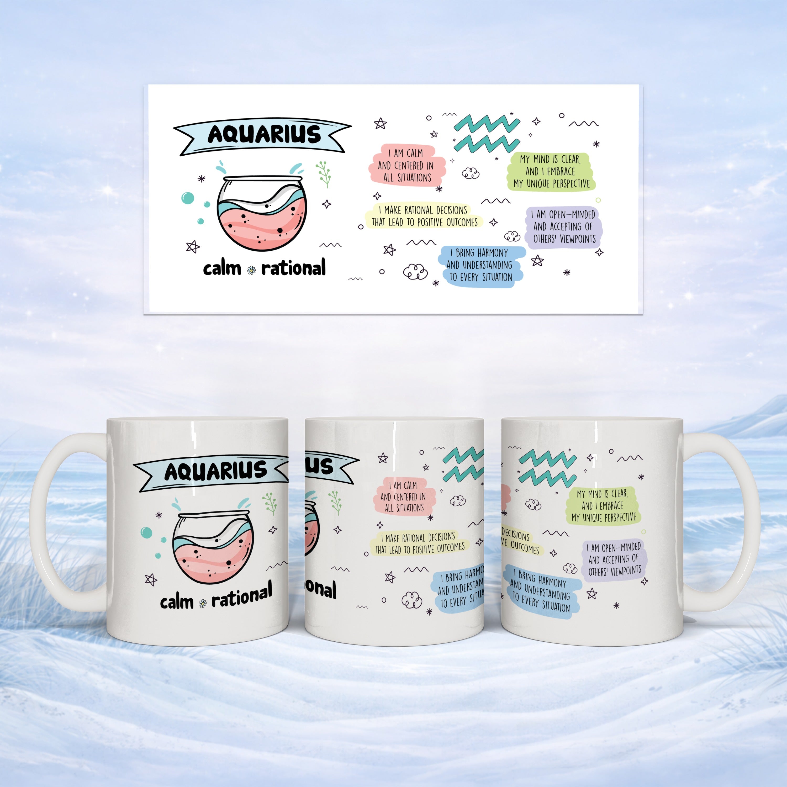Aquarius constellation design with text on white mugs against a snowy background.