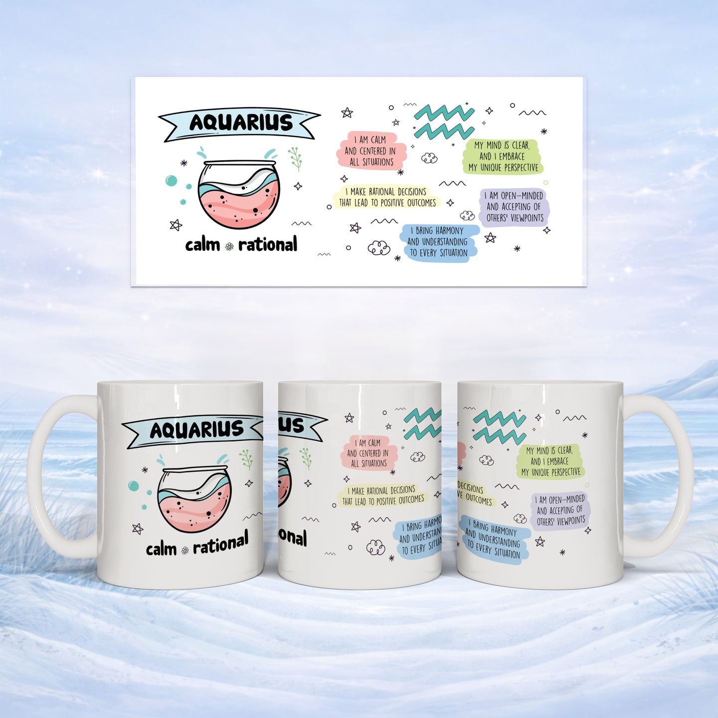 Aquarius constellation design with text on white mugs against a snowy background.