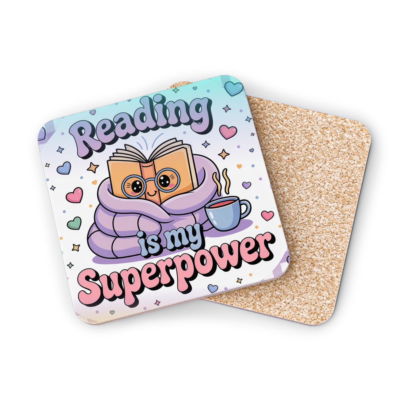 Book with glasses and scarf, reading is my superpower with coffee cup.