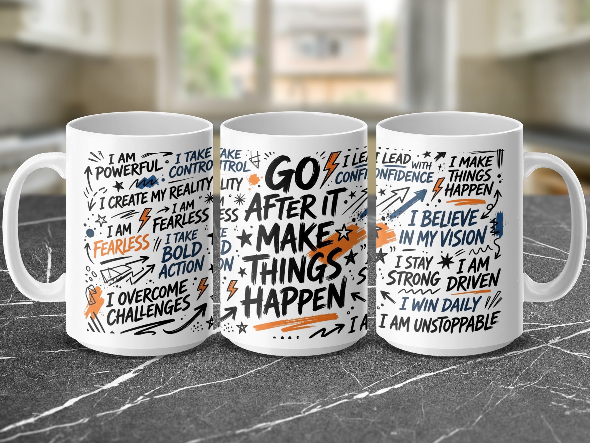Three mugs with motivational quotes and designs against a blurred background.