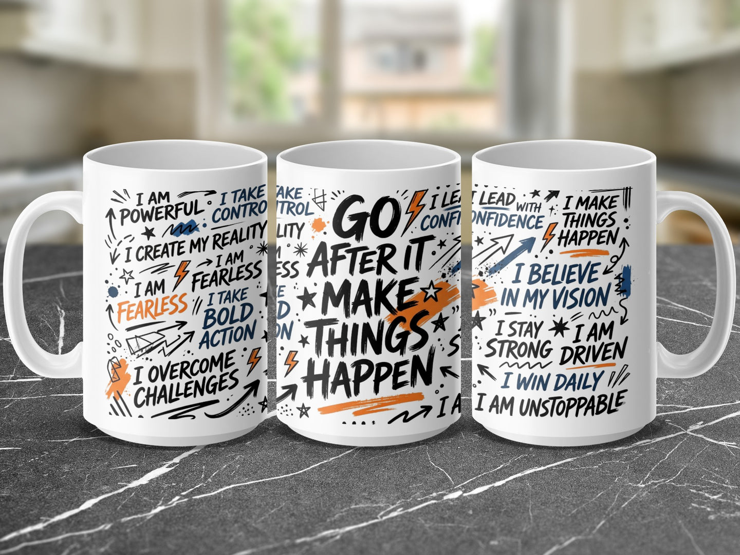 Three mugs with motivational quotes and designs against a blurred background.