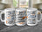 Three mugs with motivational quotes and designs against a blurred background.