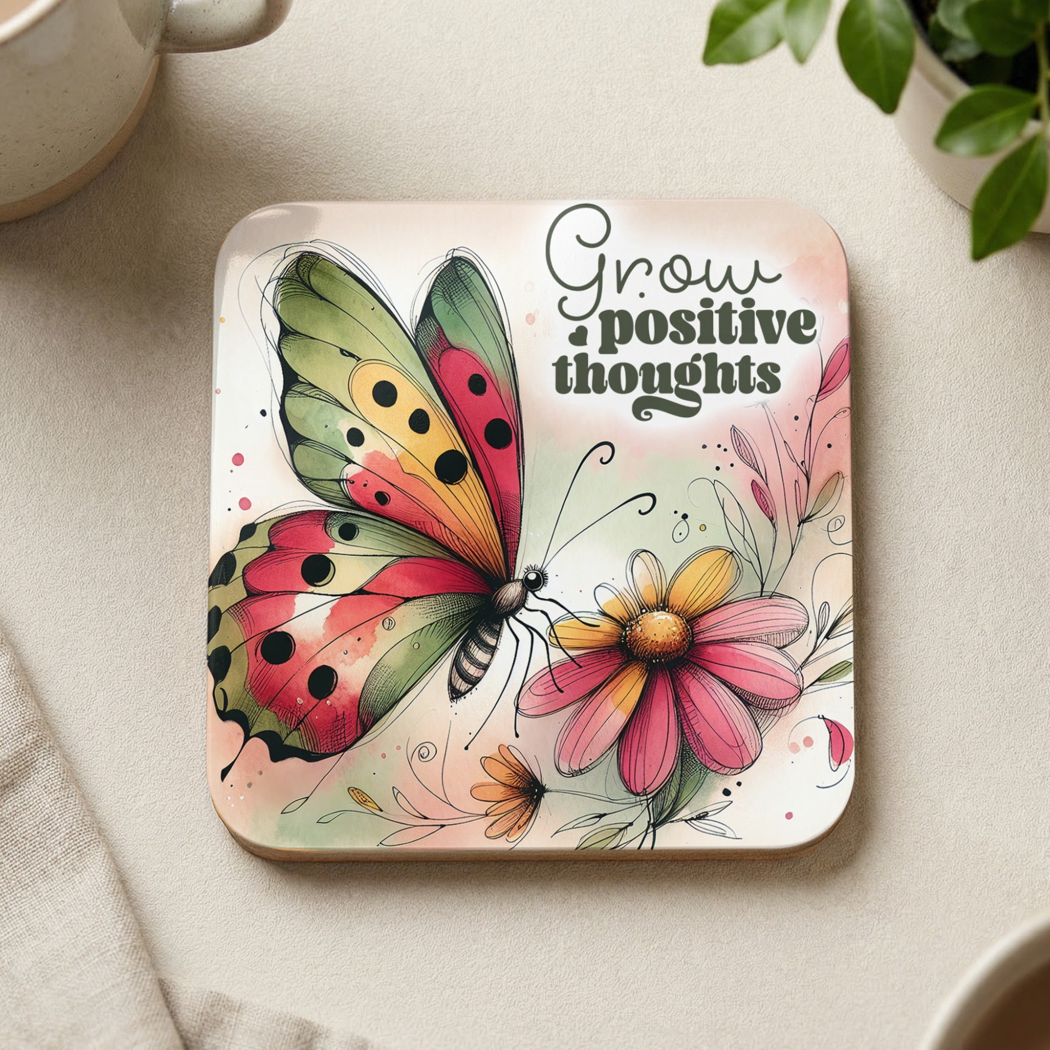 Square coaster with butterfly and flower, "Grow positive thoughts" text.