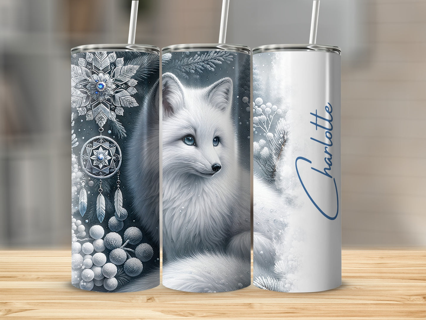 White fox and snowflake tumbler with "Charlotte" text.