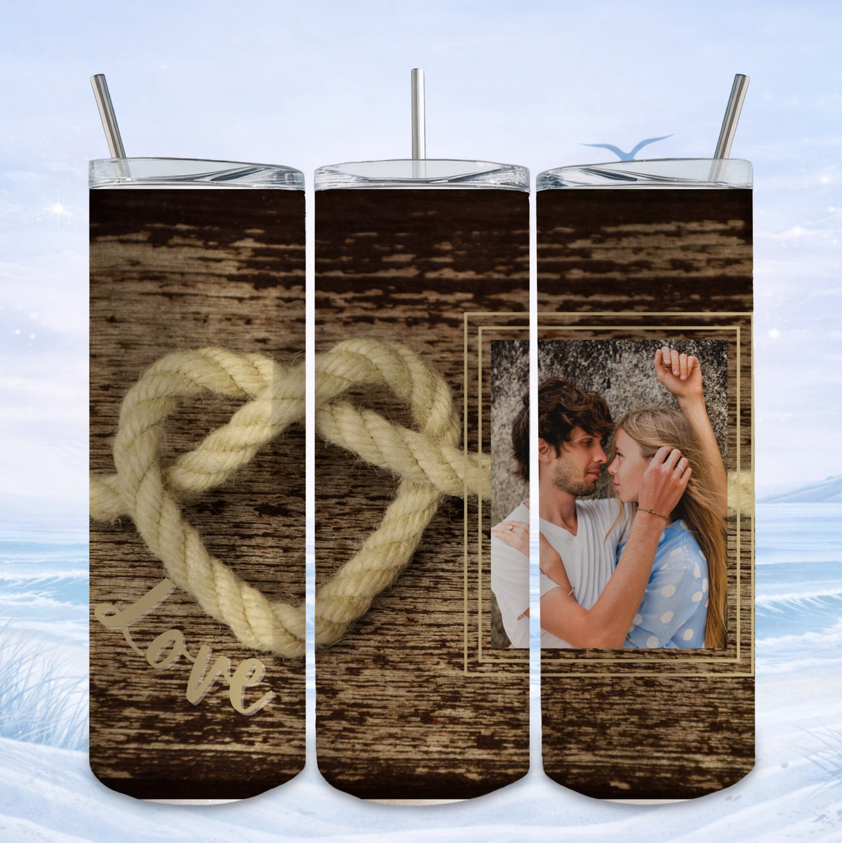 Heart-shaped rope on wooden background with couple in photo frame.