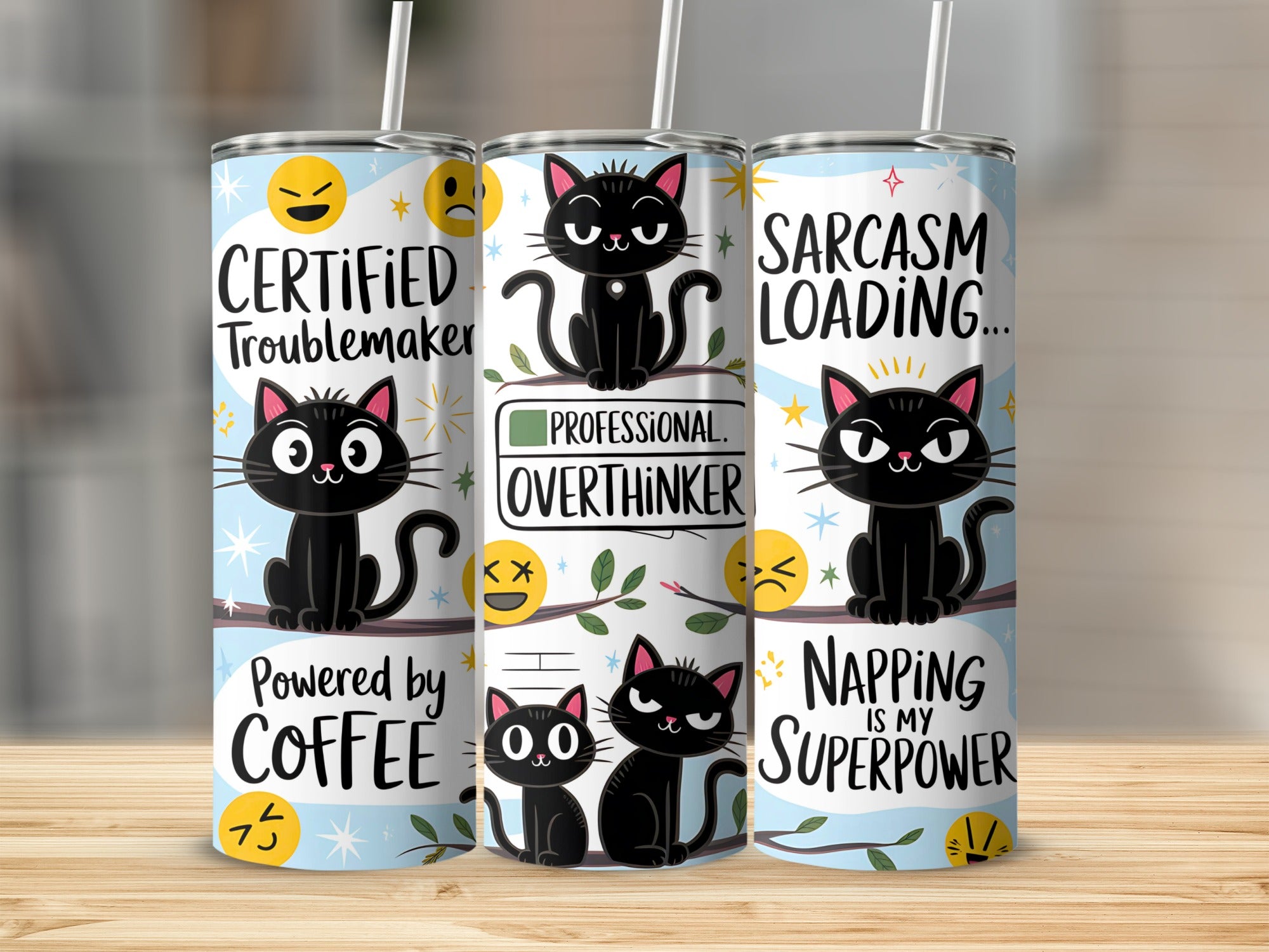 Three tumblers with cats: "Certified Troublemaker," "Sarcasm Loading," and "Napping is my Superpower."