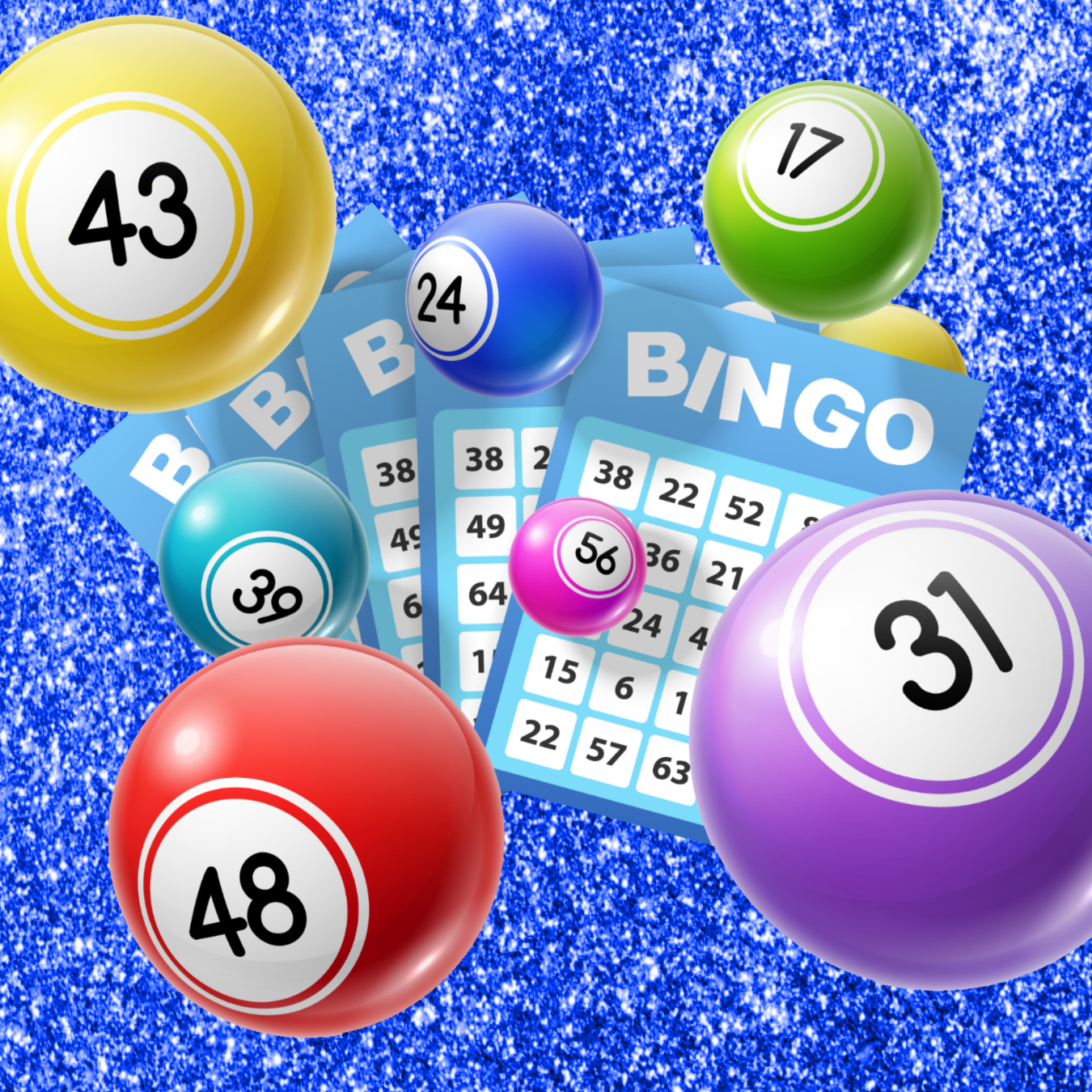 Bingo cards and numbered balls on a sparkly blue background.