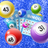 Bingo cards and numbered balls on a sparkly blue background.