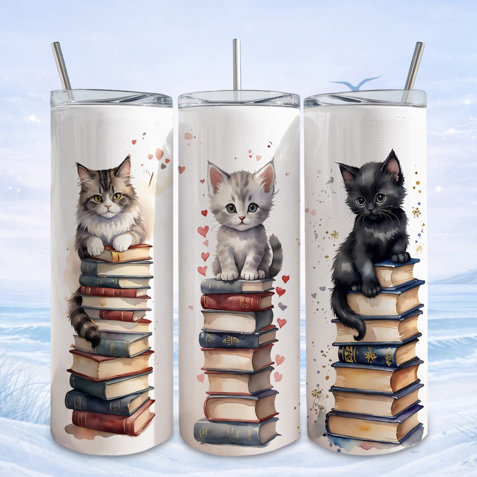 Three skinny cats sit atop stacks of books with a snowy landscape background.