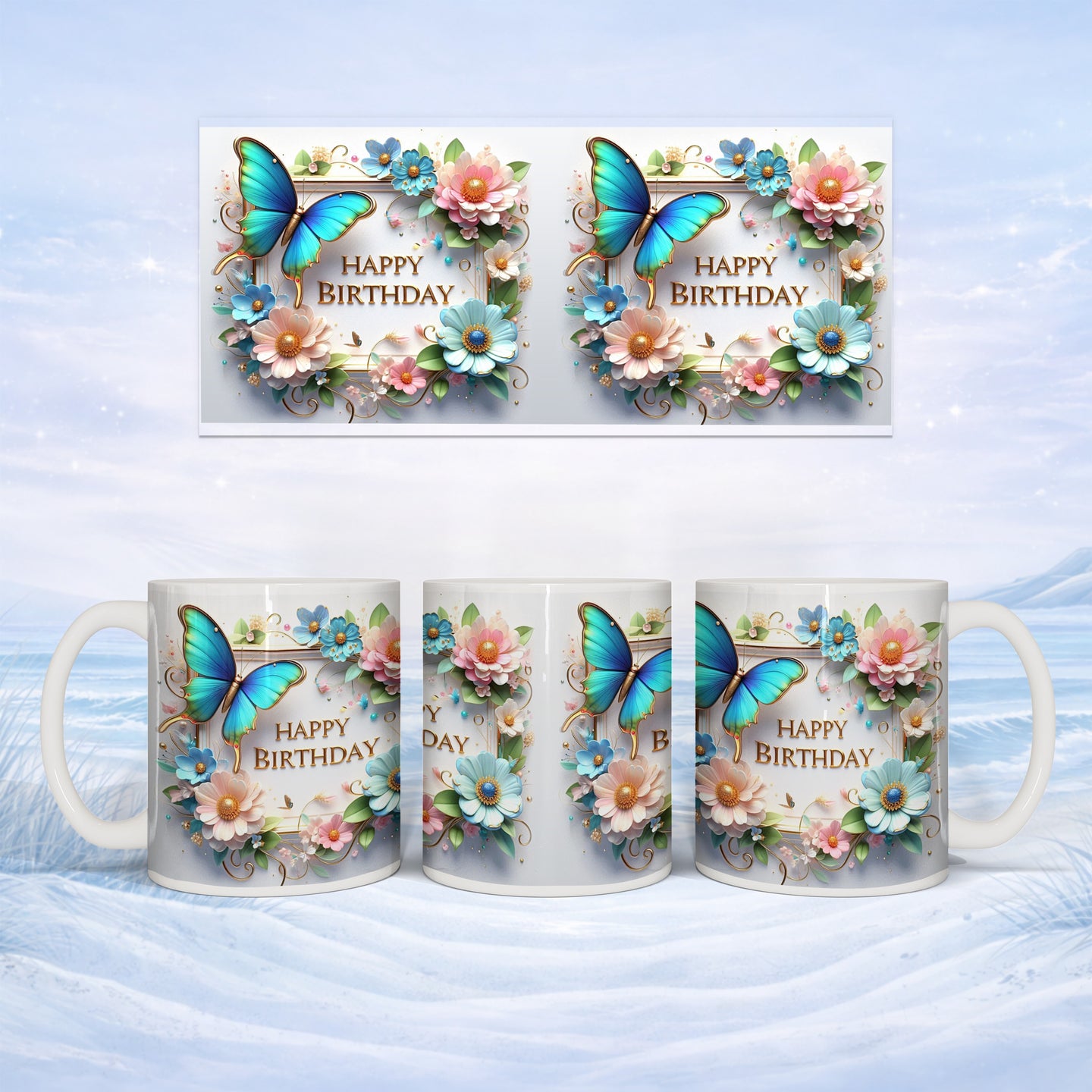 Happy Birthday mug with butterflies and floral wreath decoration.