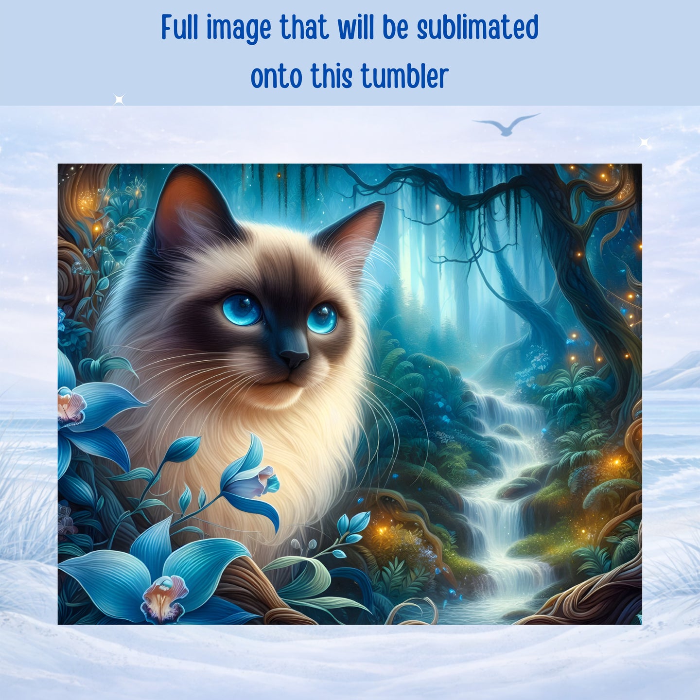 Fantasy cat with blue eyes in a magical forest with a waterfall.