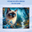 Fantasy cat with blue eyes in a magical forest with a waterfall.