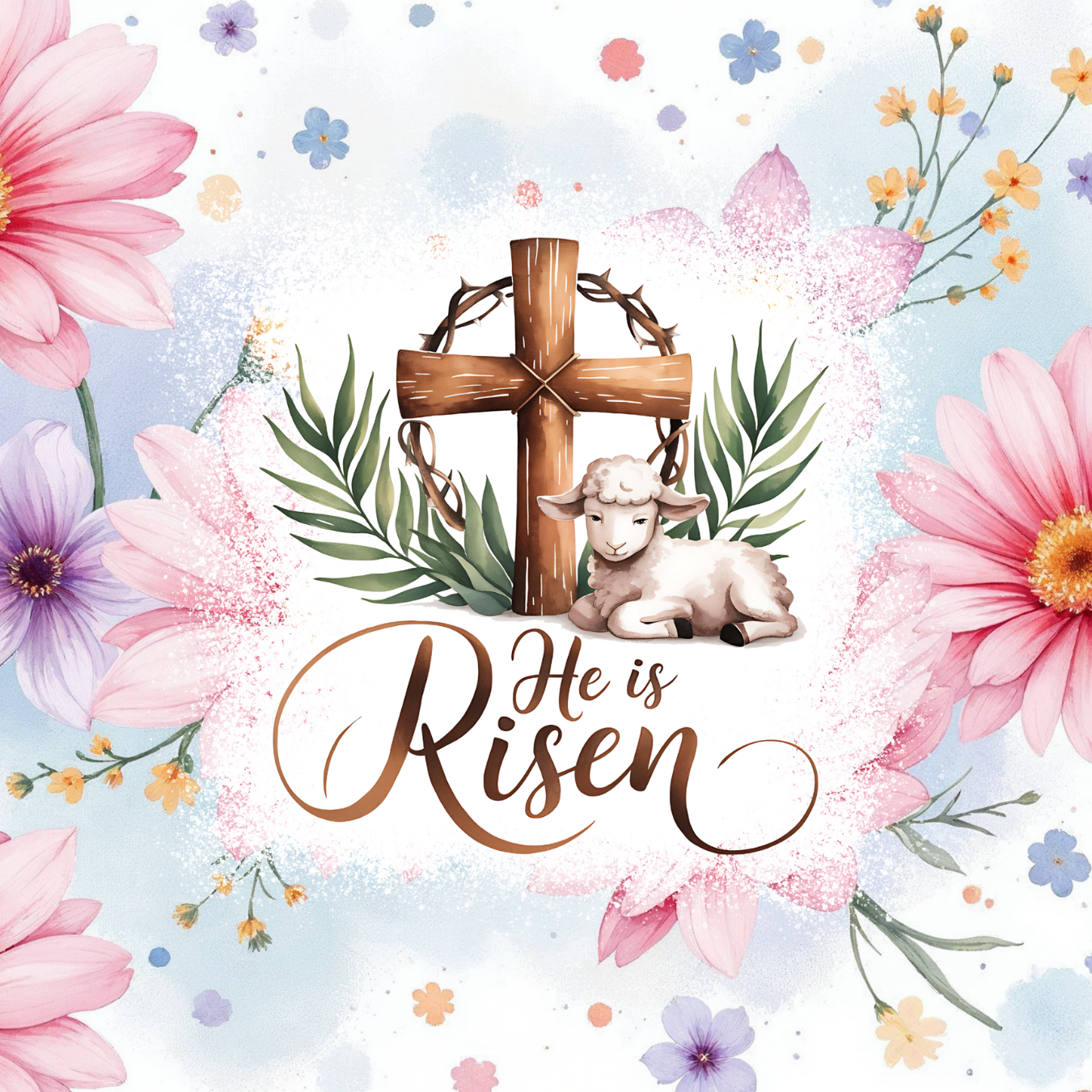 Wooden cross with crown of thorns and lamb, "He is Risen" text.