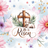 Wooden cross with crown of thorns and lamb, "He is Risen" text.