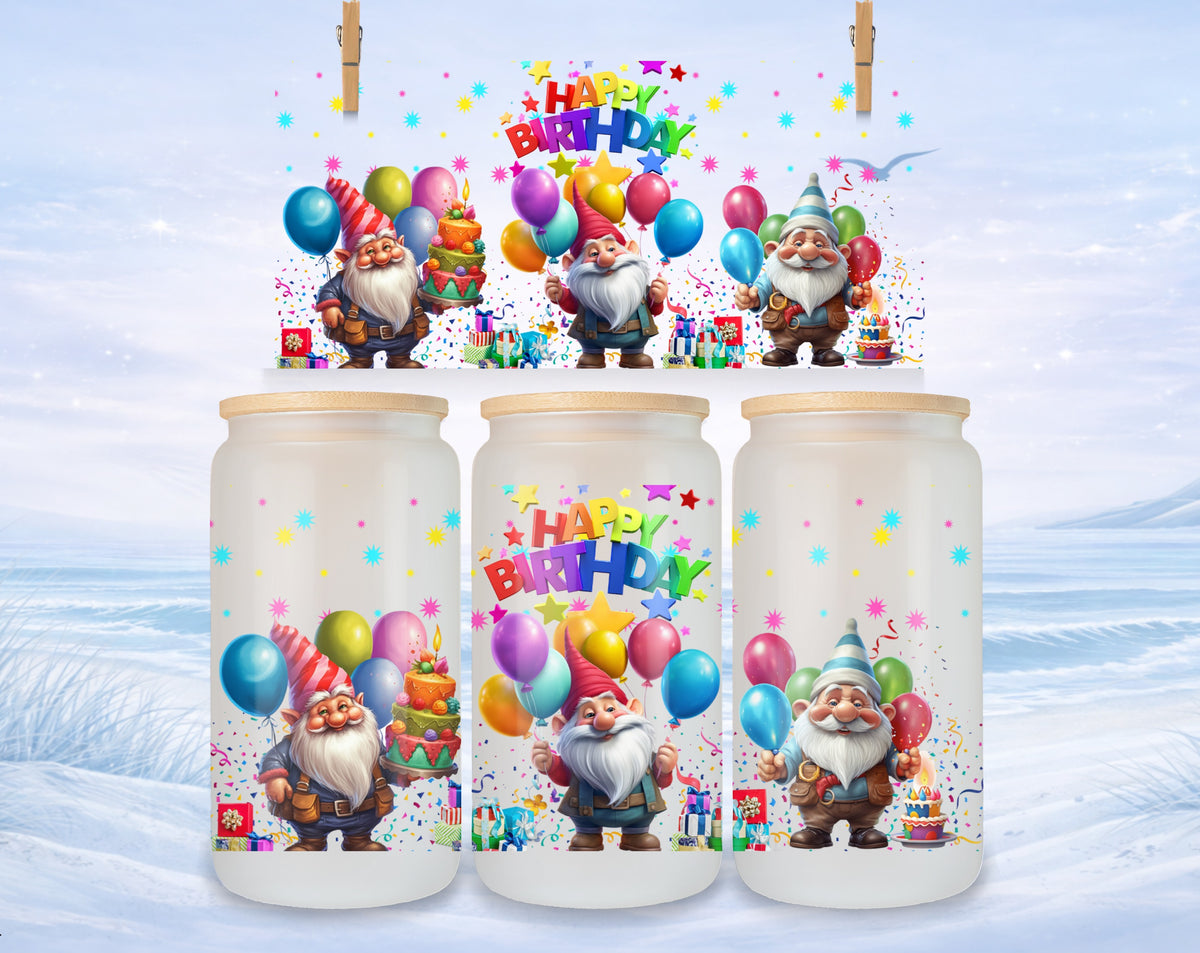 Three gnomes with birthday cakes and balloons, on a snowy background.