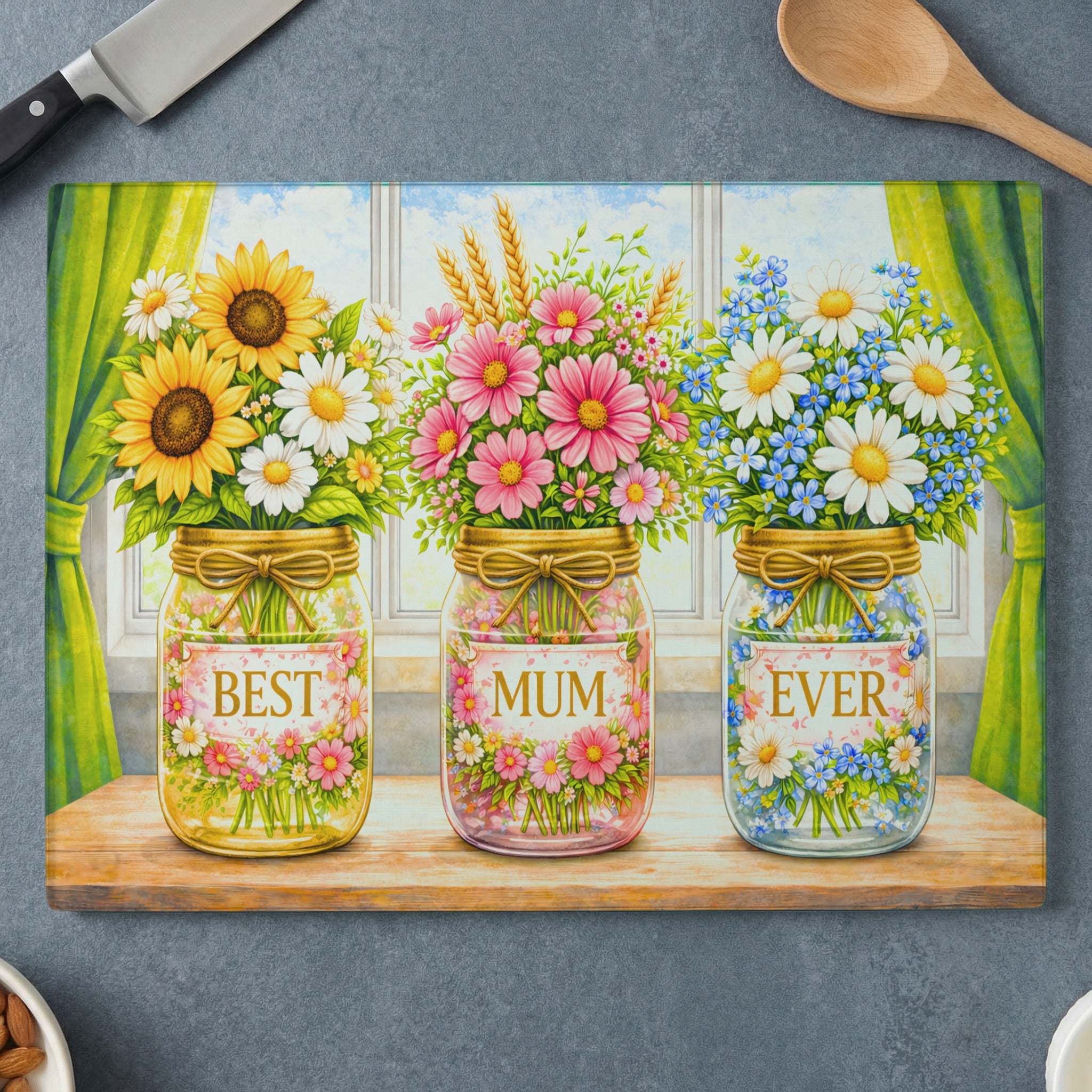 Three jars with flowers labeled "Best Mum Ever" on a cutting board.