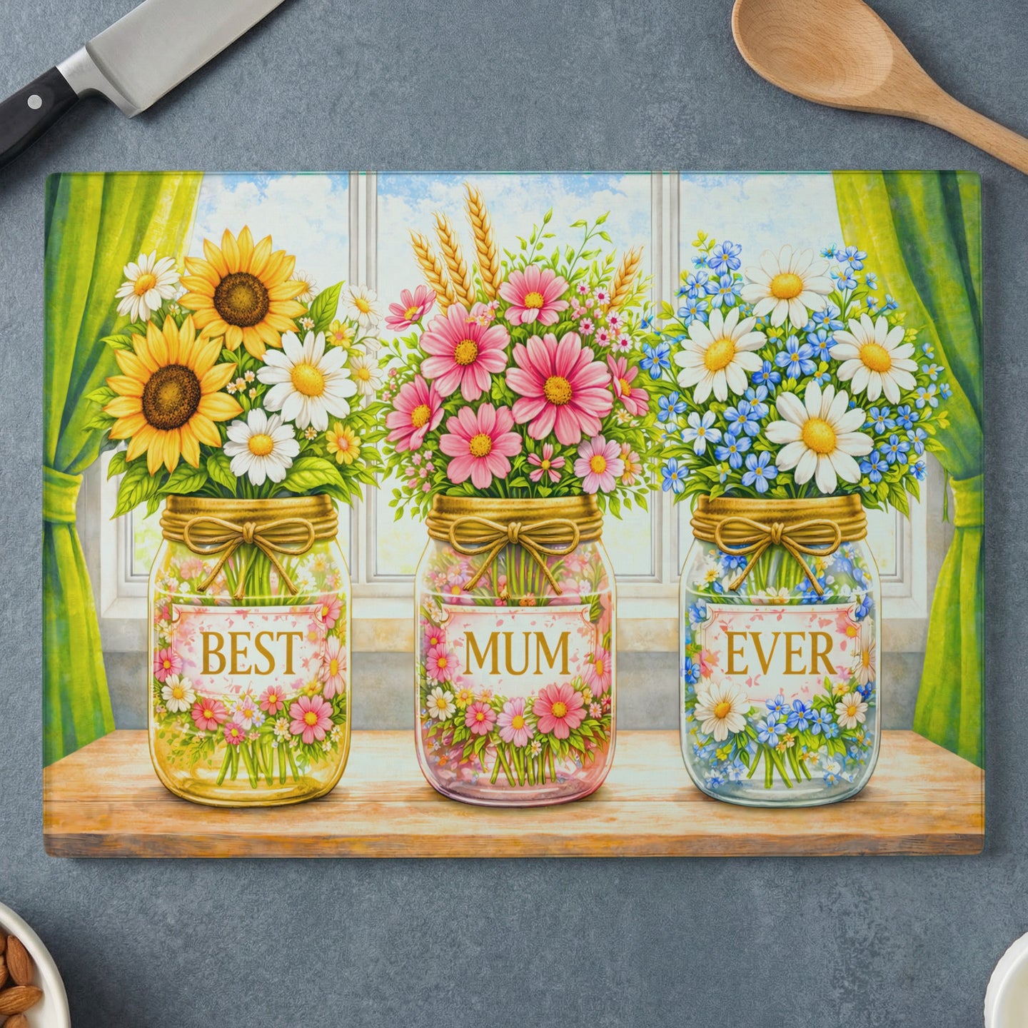 Three jars with flowers labeled "Best Mum Ever" on a cutting board.