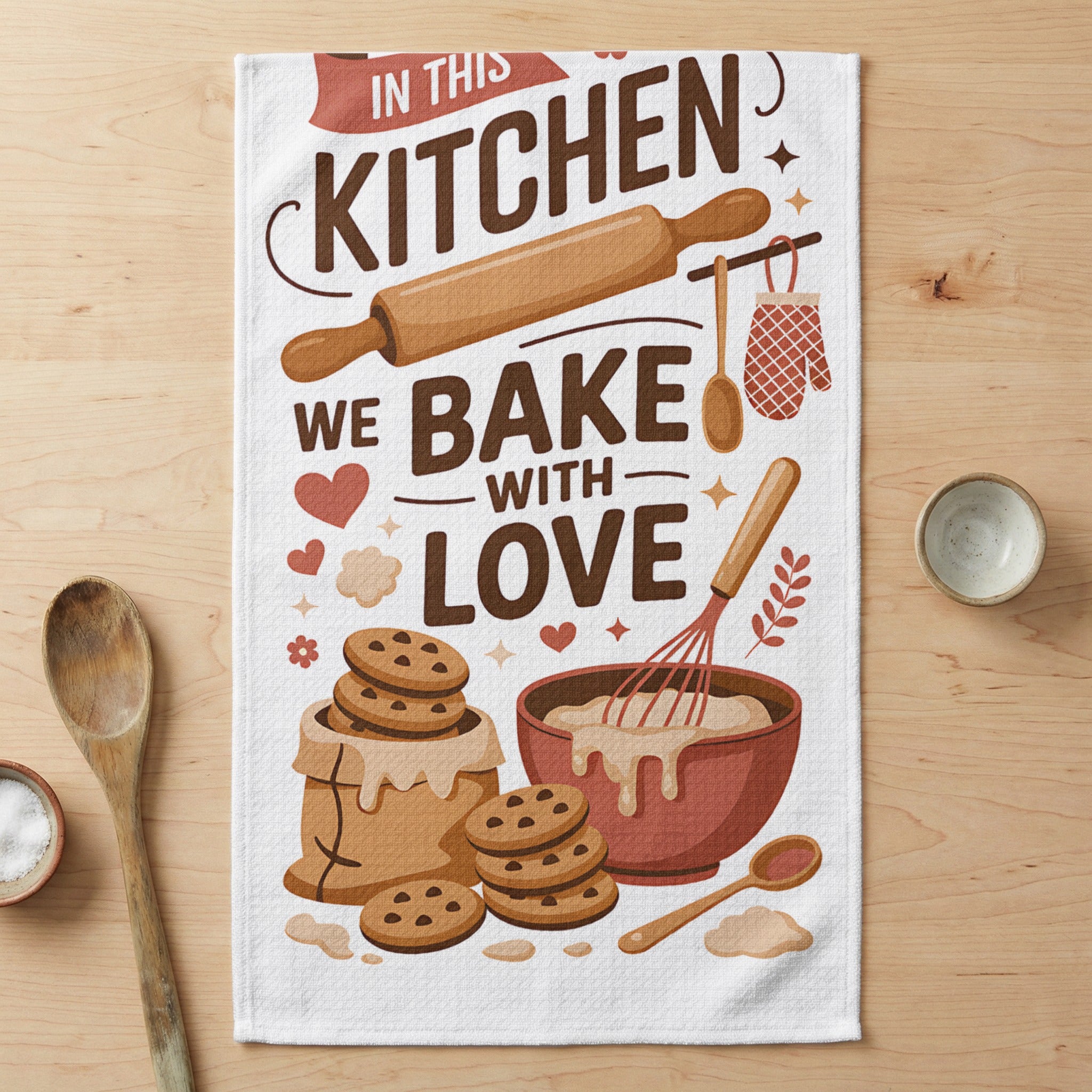 Kitchen towel with "In This Kitchen We Bake With Love" text and baking illustrations.